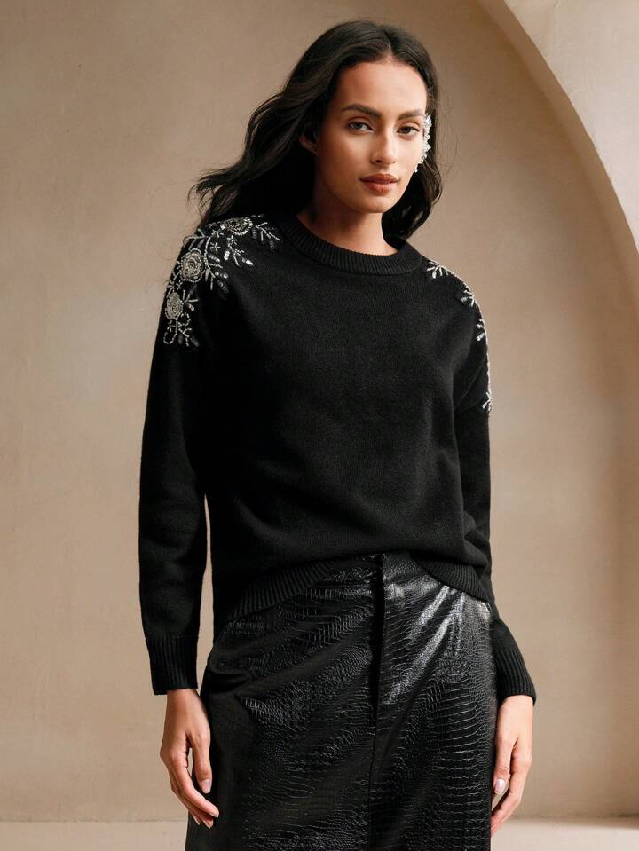 CM-CS888830 Women Casual Seoul Style Diamond Embellished Crew Neck Long Sleeve Sweater - Black