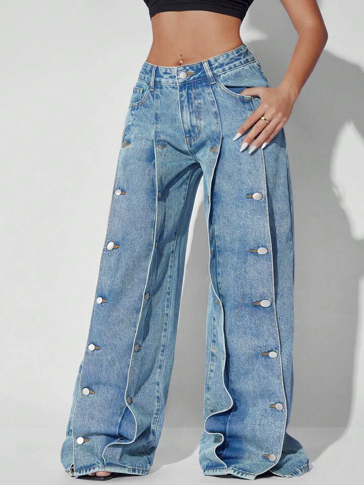 CM-BS439523 Women Casual Seoul Style Low Waist Loose Side Pocket Wide Leg Denim Jeans - Blue
