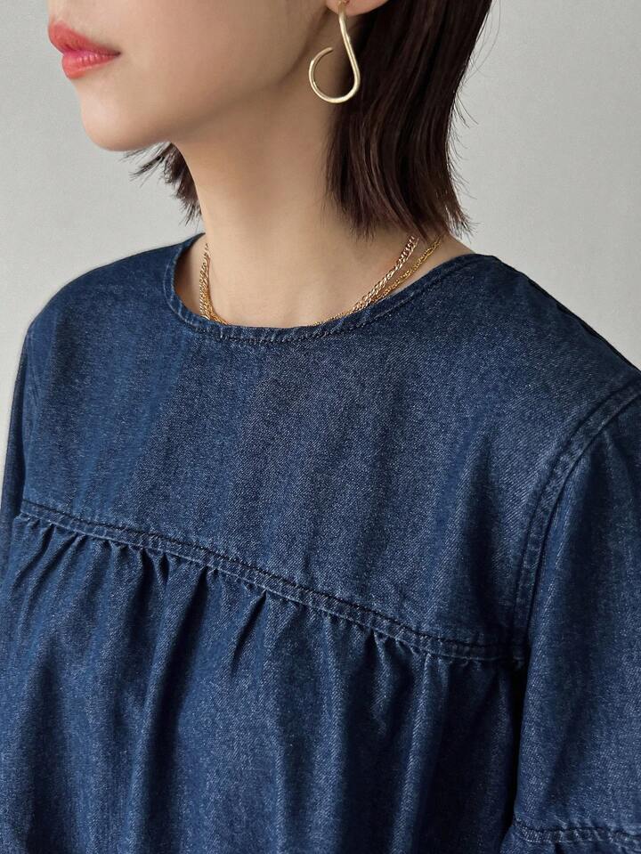 CM-TS499637 Women Casual Seoul Style Solid Color Ruffled Hem Crew Neck Denim Pleated Blouse - Blue
