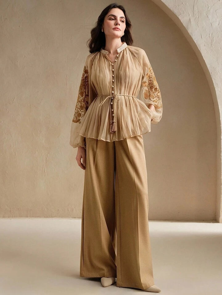 CM-TS116612 Women Elegant Seoul Style Stand Collar Long Sleeve Pleated Embroidered Tie Waist Blouse - Khaki