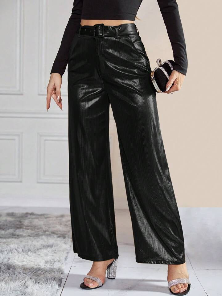 CM-BS949555 Women Elegant Seoul Style High Waist Belted Metallic Wide Leg Pants - Black