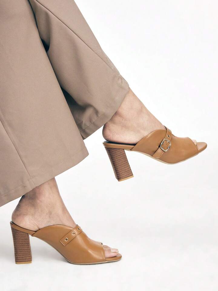 CM-SHS200704 Women Trendy Seoul Style Strap Square Heel High Heel Sandals - Brown