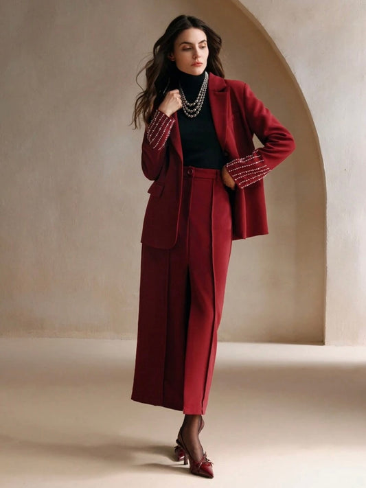 CM-SS977910 Women Elegant Seoul Style Lapel Neckline Colorblock Blazer Jacket With Slit Skirt - Set