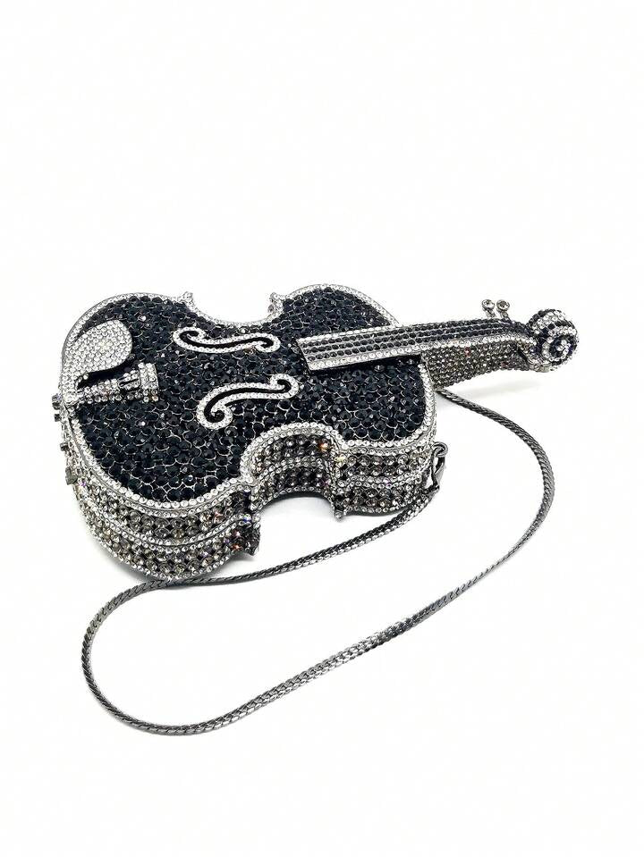 CM-BGS206420 Women Elegant Seoul Style Multicolor Crystal Violin Shape Cltuch Bag - Black