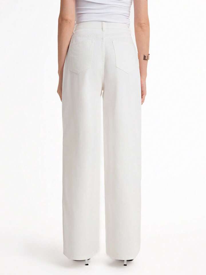 CM-BS771236 Women Casual Seoul Style High Waist Extra Long Denim Straight Leg Pants - White