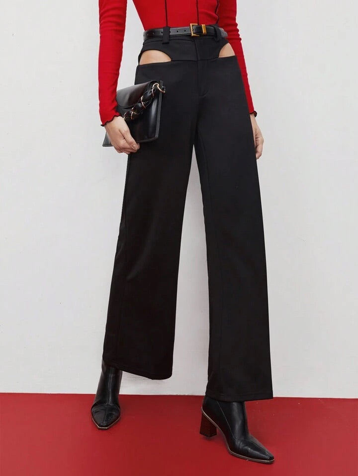 CM-BS398449 Women Elegant Seoul Style High Waist Hollow Out Pants - Black