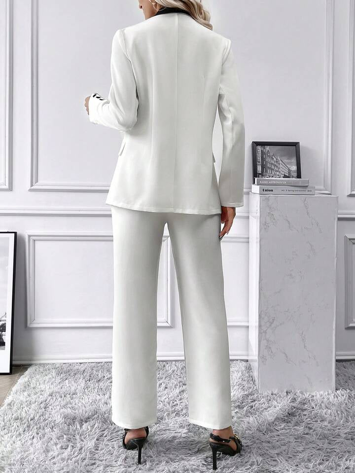 CM-SS451228 Women Elegant Seoul Style Contrast Collar Flap Detail Blazer With Pants Suit - White