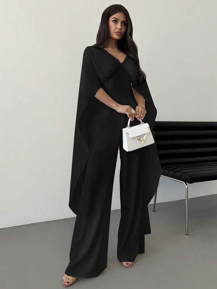 CM-JS483619 Women Elegant Seoul Style V-Neck Cape Extra Long Sleeves Waist Tie A-Line Wide Leg Jumpsuit - Black