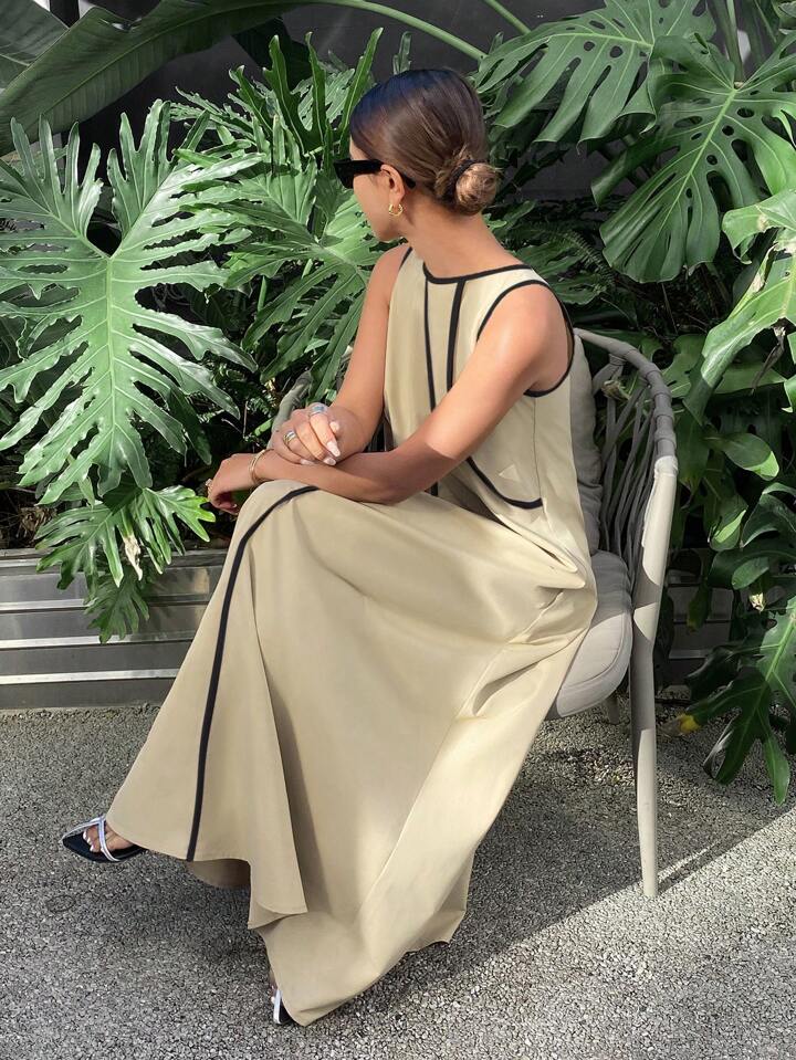 CM-DS359193 Women Casual Seoul Style Color-Conflicting Panels Sleeveless Loose Long Dress - Apricot
