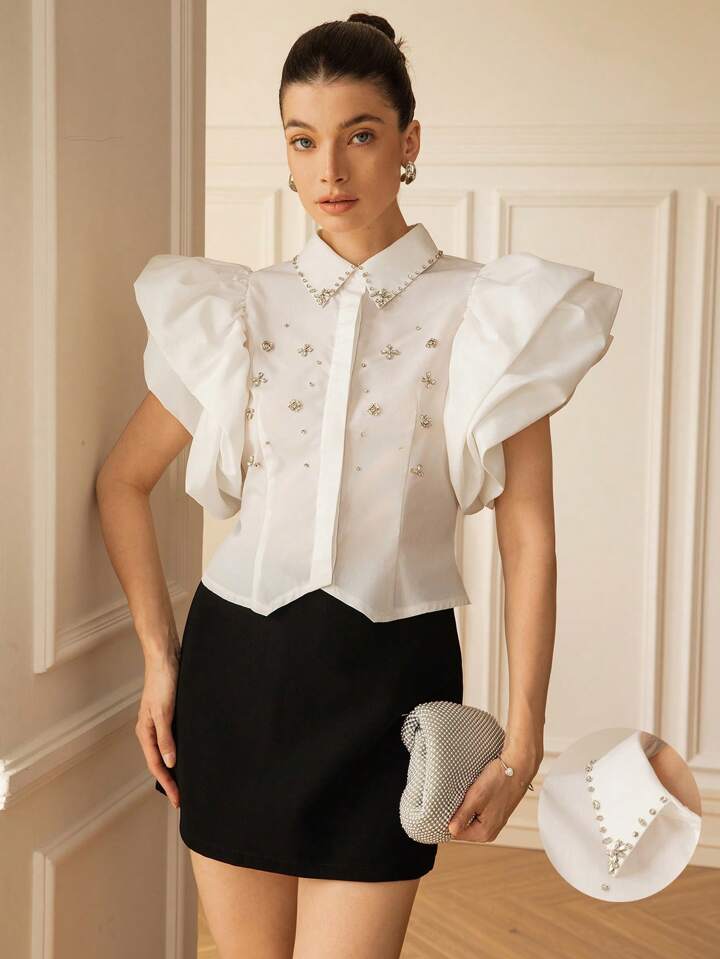 CM-TS026227 Women Elegant Seoul Style 3D Rhinestone Collar Open Front Blouson Sleeve Fitted Blouse