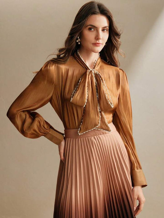 CM-TS512231 Women Elegant Seoul Style Tie Neck Pearl Knot Loose Long Sleeve Blouse - Yellow