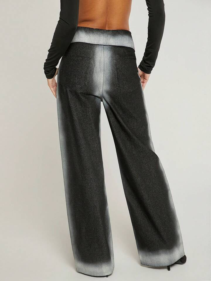 CM-BS358675 Women Casual Seoul Style Ombre Foldover Waist Wide Leg Jeans - Black