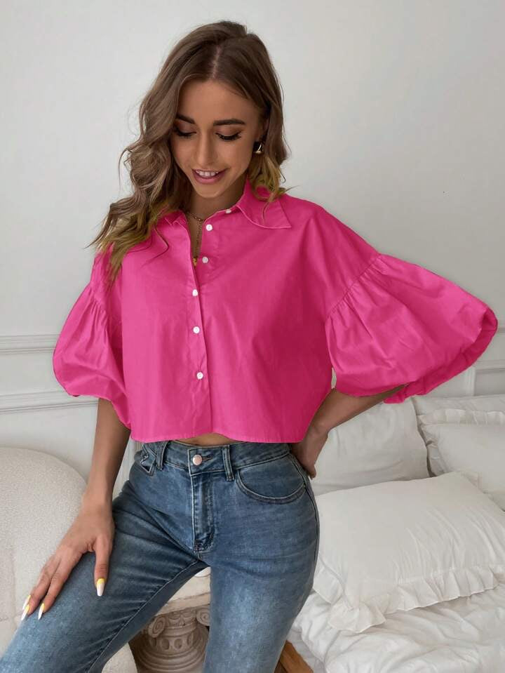 CM-TS063403 Women Casual Seoul Style Drop Bishop Sleeve Single Breasted Blouse - Hot Pink