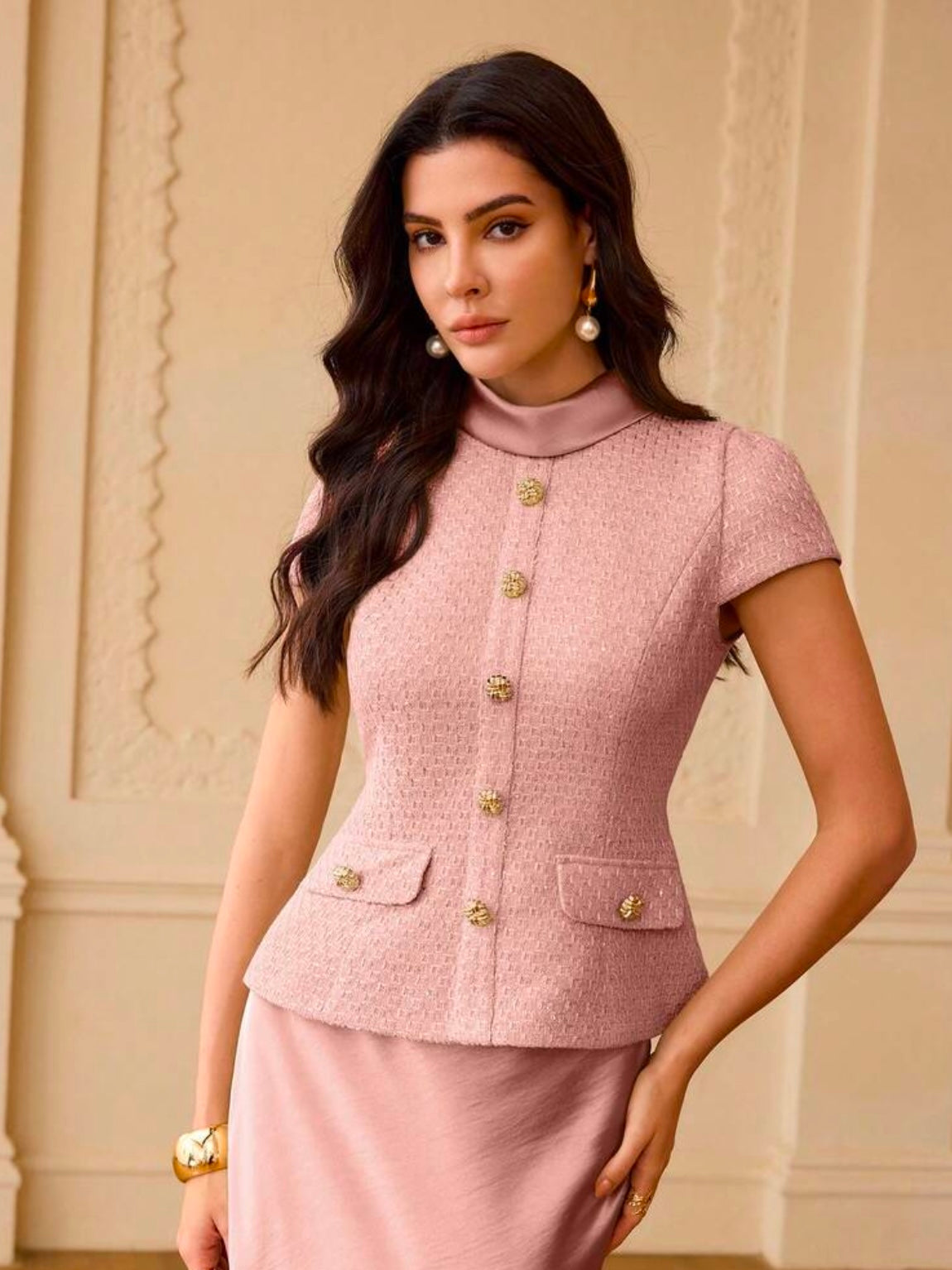 CM-SS060529 Women Elegant Seoul Style Stand Collar Button Decor Cap Sleeve Top With Satin Mermaid Hem Skirt - Set