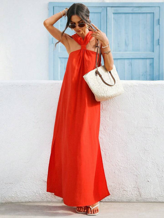 CM-DS042121 Women Trendy Bohemian Style Sleeveless Backless Side-Slit Beach Dress - Orange