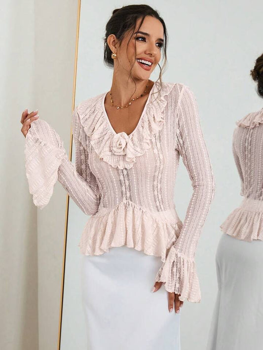 CM-TS783398 Women Casual Seoul Style Lace V-Neck Ruffle Hem Long Sleeve T-Shirt - Pink