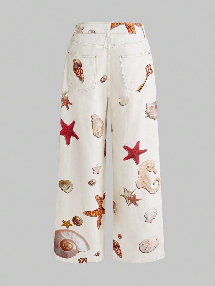 CM-BS225395 Women Casual Seoul Style Ocean Shell Starfish Conch Pearl Print Low Waist Loose Denim Jeans