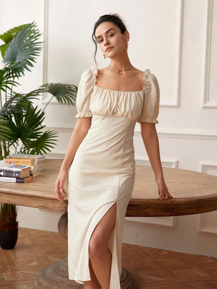 CM-DS171771 Women Casual Seoul Style Square Neckline Short Sleeve Side Slit Pleated Dress - Apricot