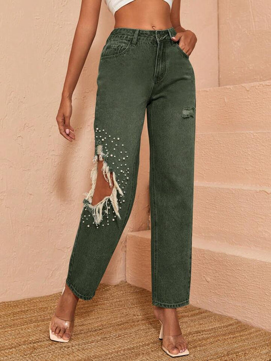 CM-BS008870 Women Casual Seoul Style Ripped Raw Rhinestone Pearl Beaded Slant Straight Leg Jeans