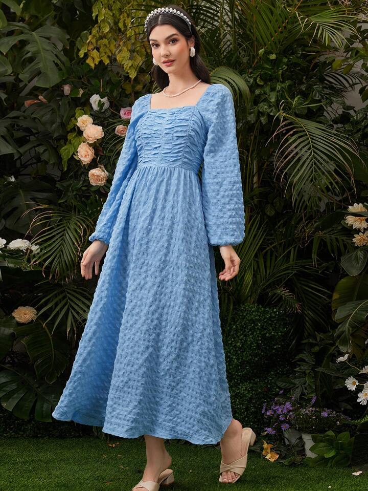 CM-DS041762 Women Elegant Seoul Style Square Neck Lantern Sleeve Dress - Blue