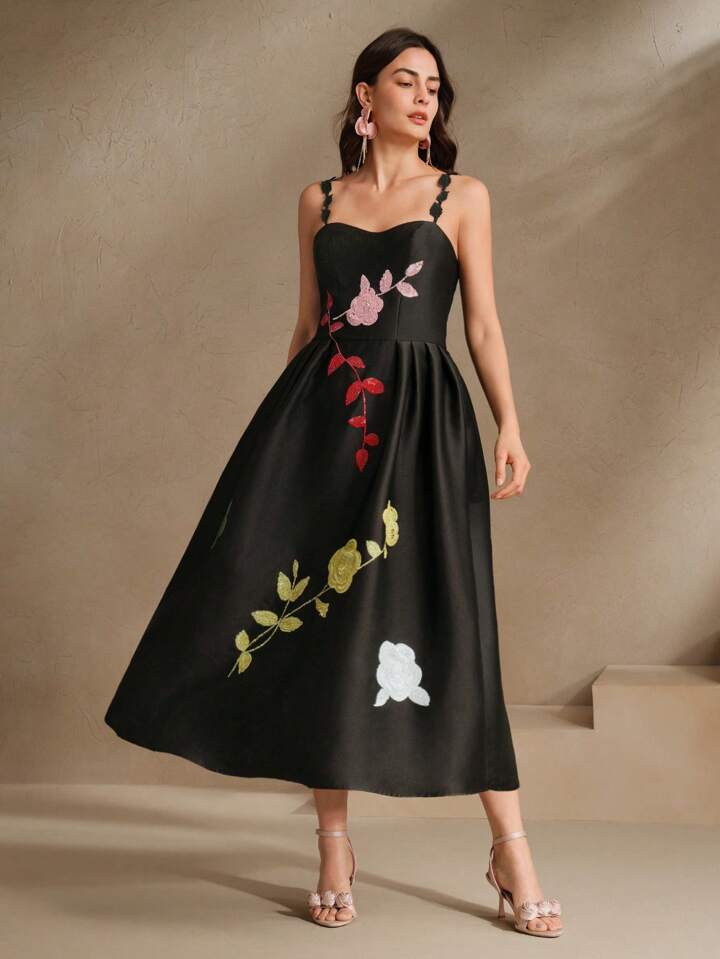 CM-DS086002 Women Elegant Seoul Style Sequin Floral Decor Sleeveless High Waist Long Dress - Black