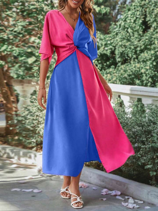 CM-DS884984 Women Casual Seoul Style Colorblock Deep V-Neck Half Sleeve Maxi Dress
