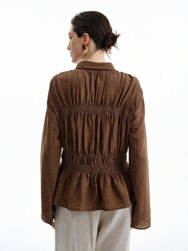 CM-TS385838 Women Elegant Seoul Style Collar Neckline Button Front Drawstring Waist Drop Shoulder Loose Blouse