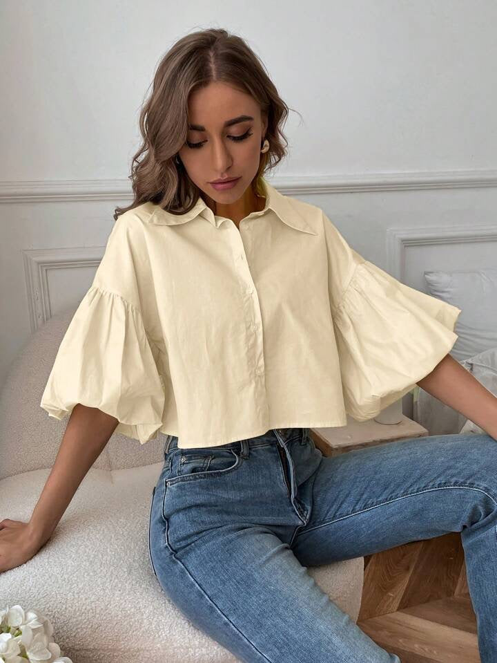 CM-TS082009 Women Casual Seoul Style Drop Bishop Sleeve Single Breasted Blouse - Beige