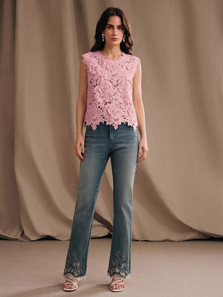 CM-TS375233 Women Elegant Seoul Style Round Neck Sleeveless Lace Embroidered Blouse - Pink