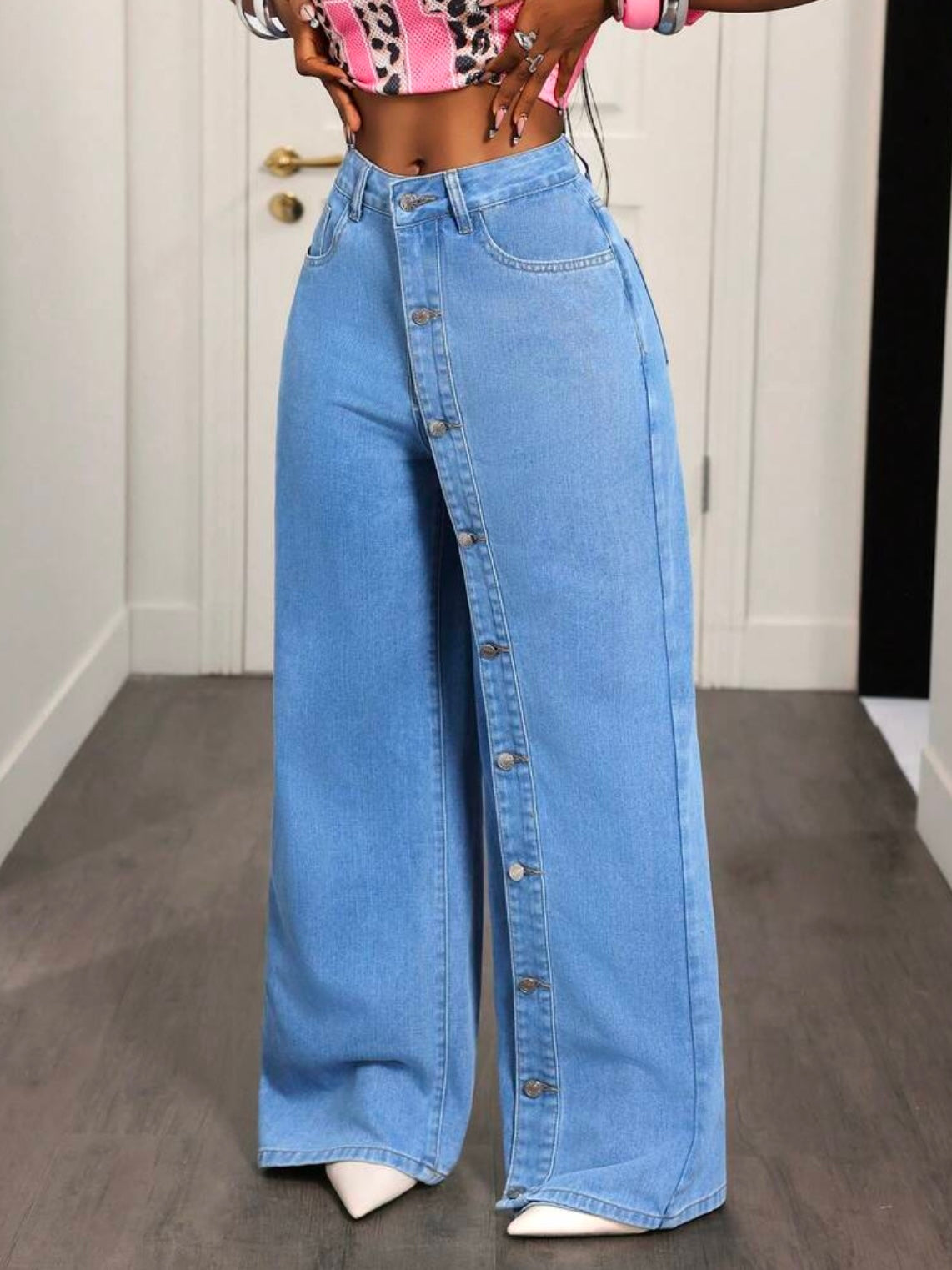 CM-BS114741 Women Casual Seoul Style Medium Wash Mid Waist Button-Up Multi-Pocket Wide Leg Denim Pants