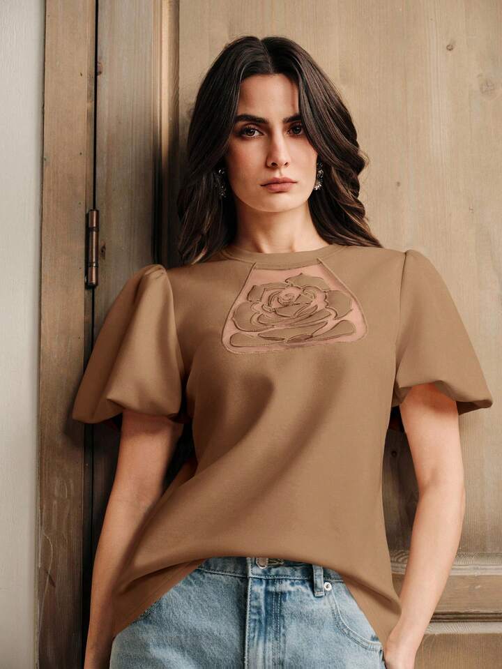 CM-TS128483 Women Elegant Seoul Style Embroidered Rose Round Neck Short Puff Sleeve T-Shirt - Coffee Brown