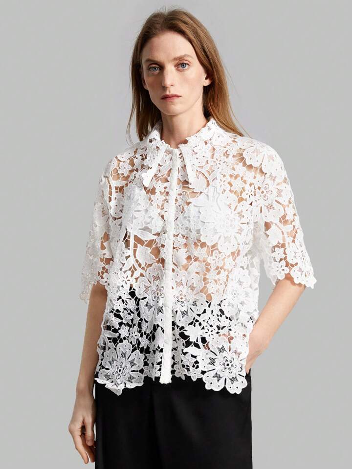 CM-TS357252 Women Casual Seoul Style Stand Collar Short Sleeve Lace Hollow Out Shirt - White