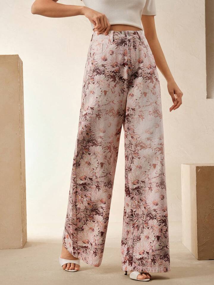 CM-BS072064 Women Casual Seoul Style Floral Printed High-Waisted Wide Leg Jeans - Pink