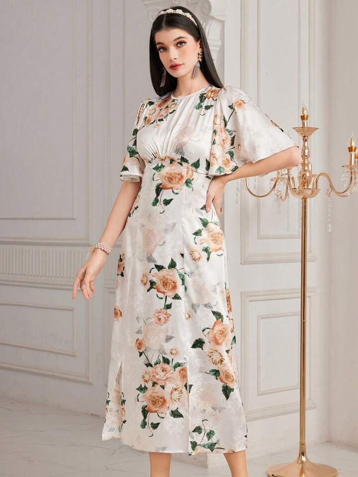 CM-DS969986 Women Elegant Seoul Style Floral Printed Butterfly Sleeve A-Line Dress