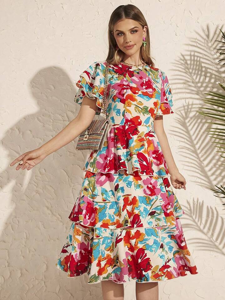 CM-DS181158 Women Trendy Bohemian Style Floral Print Ruffle Hem Tiered A-Line Dress