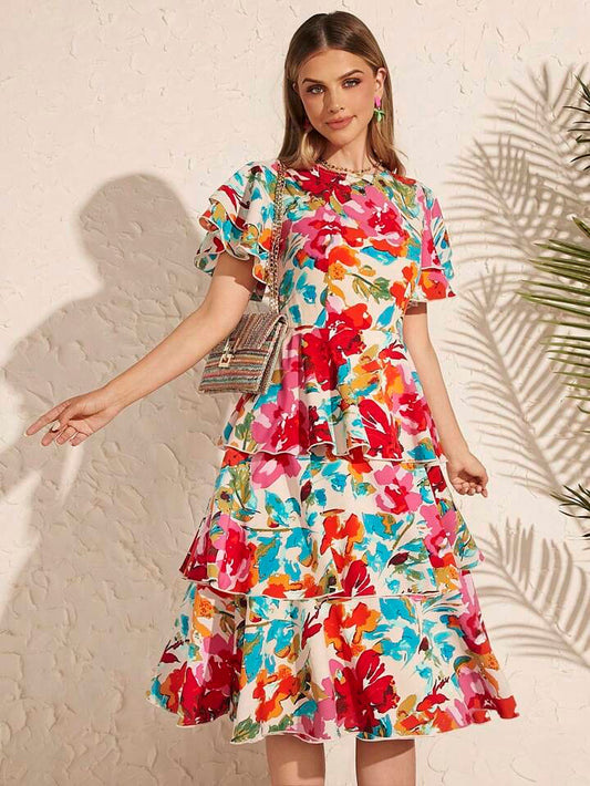 CM-DS181158 Women Trendy Bohemian Style Floral Print Ruffle Hem Tiered A-Line Dress