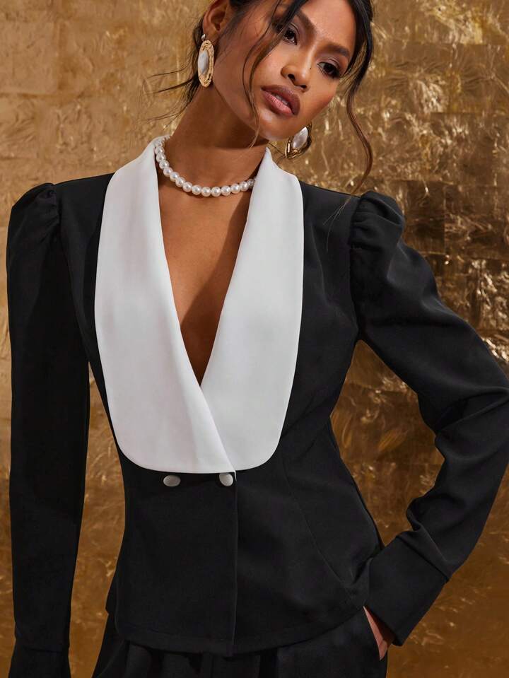 CM-TS016091 Women Elegant Seoul Style Contrast Color Double-Breasted Long Sleeve Shirt