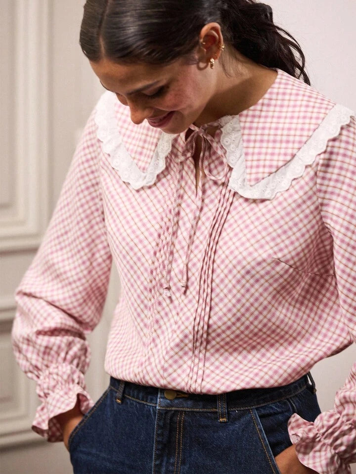 CM-TS124165 Women Casual Seoul Style Lace-Trimmed Peter Pan Collar Ruched Long Sleeve Gingham Blouse - Pink