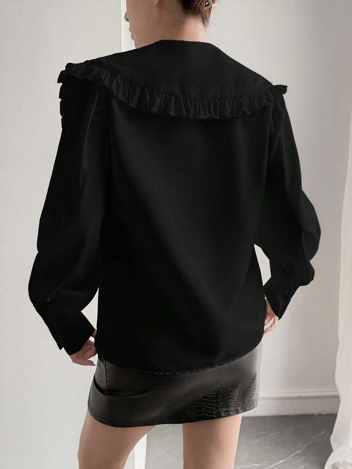 CM-TS789662 Women Elegant Seoul Style Solid Color Peter Pan Collar Bishop Sleeve Ruffle Detail Long Sleeve Blouse