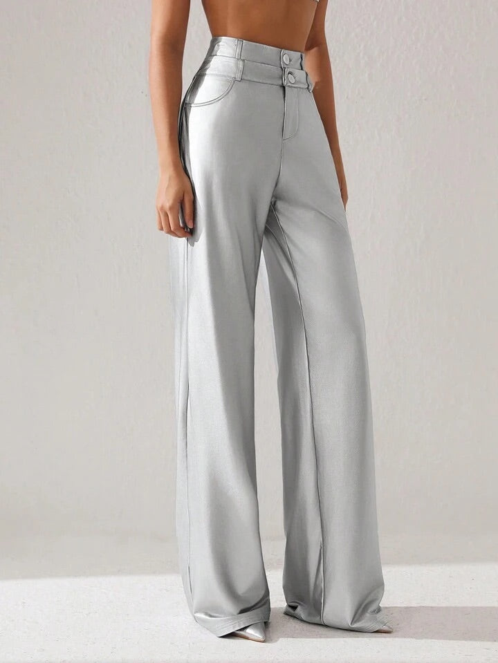 CM-BS714414 Women Elegant Seoul Style Metallic High Waist Wide Leg Pants - Silver