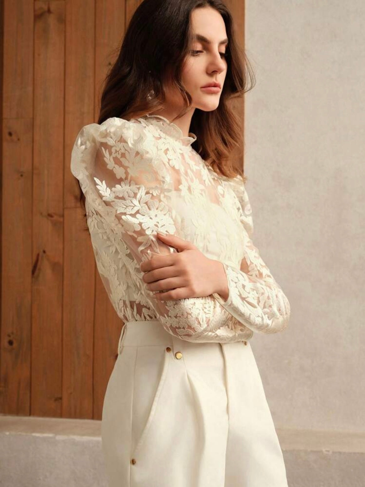 CM-TS497212 Women Elegant Seoul Style Stand Collar Puff Sleeve Embroidered Top - Apricot