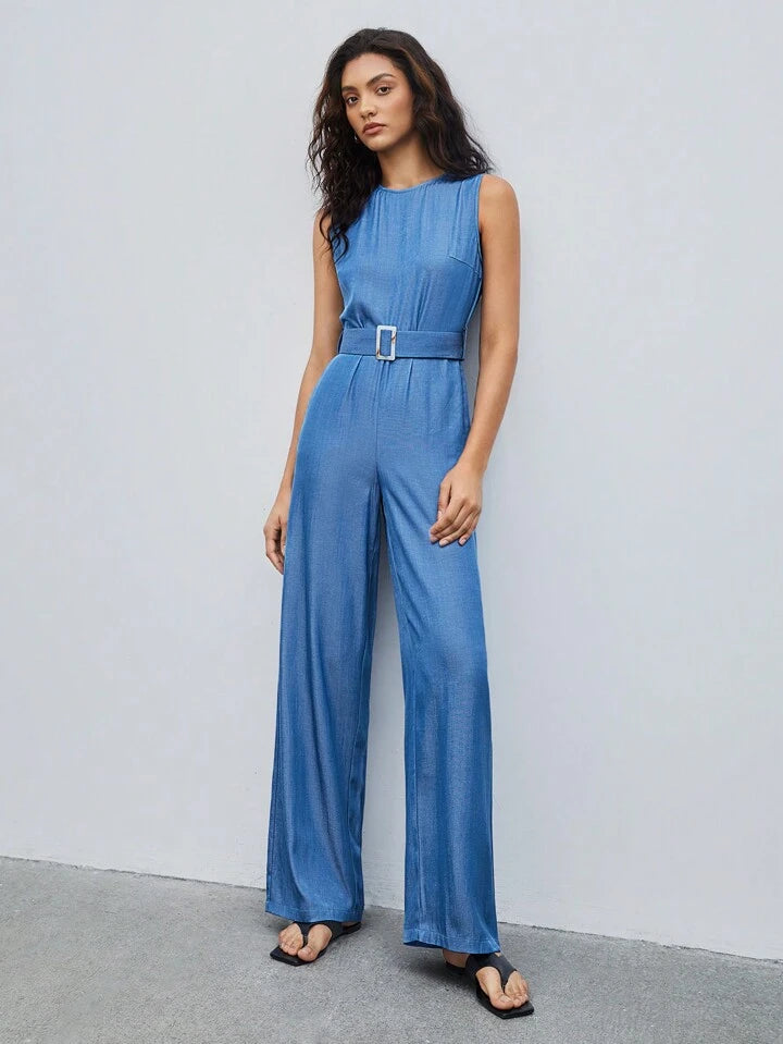 CM-JS759311 Women Casual Seoul Style Medium Wash Round Neck Belted Sleeveless Jumpsuit