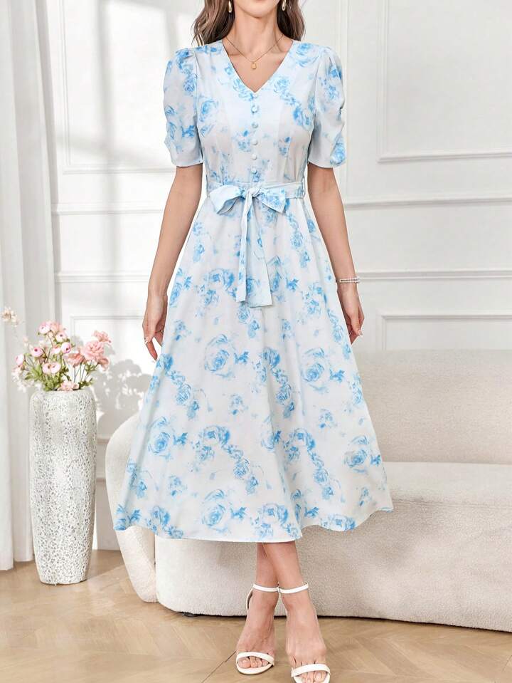 CM-DS338899 Women Trendy Bohemian Style Floral Print V-Neck Puff Sleeve Belted Dress - Blue