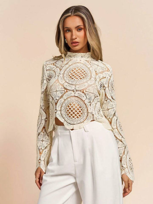 CM-TS990904 Women Casual Seoul Style Stand Collar Lace Hollow-Out See-Through Blouse - Apricot