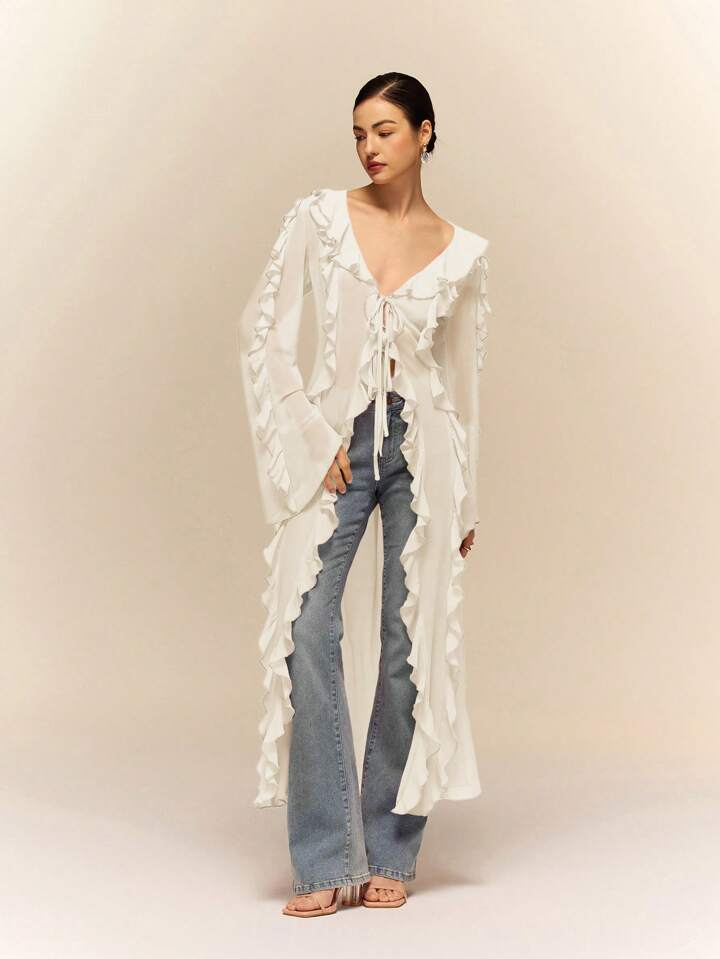 CM-TS176249 Women Casual Seoul Style Ruffle Tie Neck Extra Long Sleeve Sheer Long Shirt - Apricot