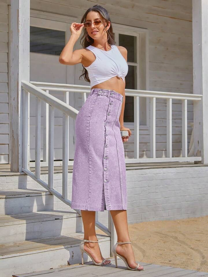 CM-BS213666 Women Casual Seoul Style Solid Button Front Denim Skirt - Purple