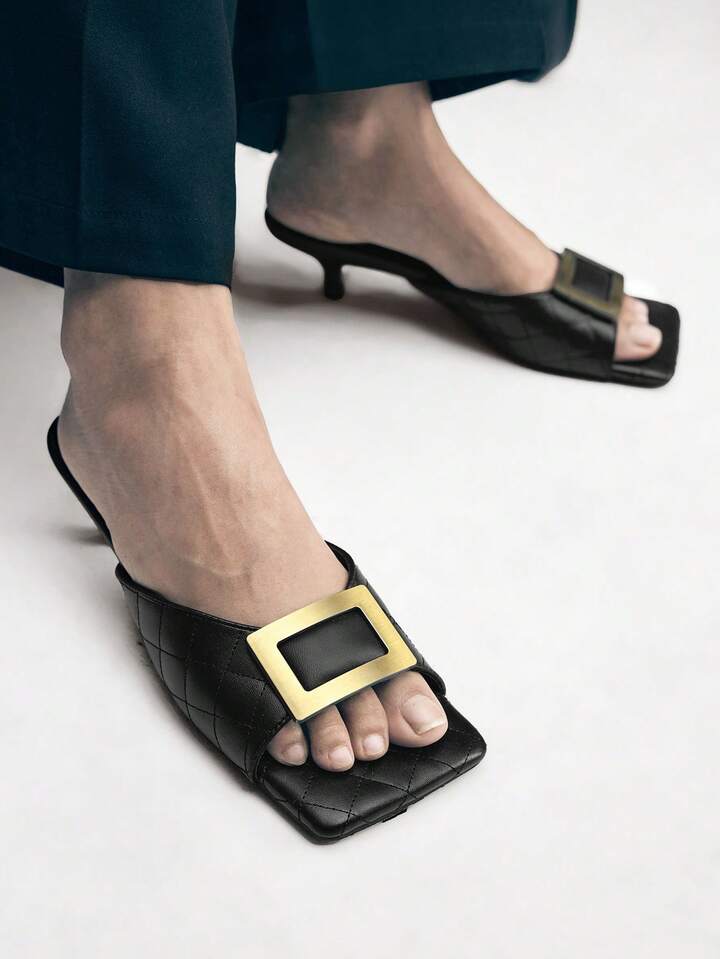 CM-SHS060912 Women Trendy Seoul Style Colorblock Square Toe High Heel Sandals - Black