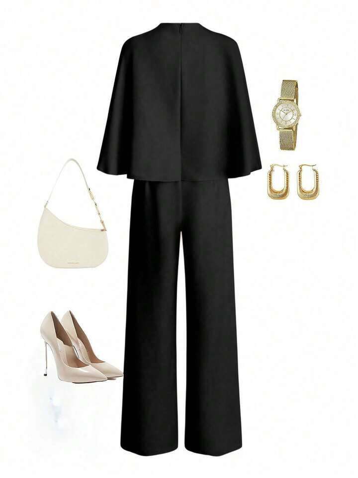 CM-JS286526 Women Elegant Seoul Style Round Neck Cloak Sleeve Cinched Waist High Waist Jumpsuit - Black