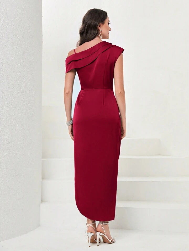 CM-DS660632 Women Elegant Seoul Style Asymmetric Neckline Waist-Cinched Ruffle Hem Dress