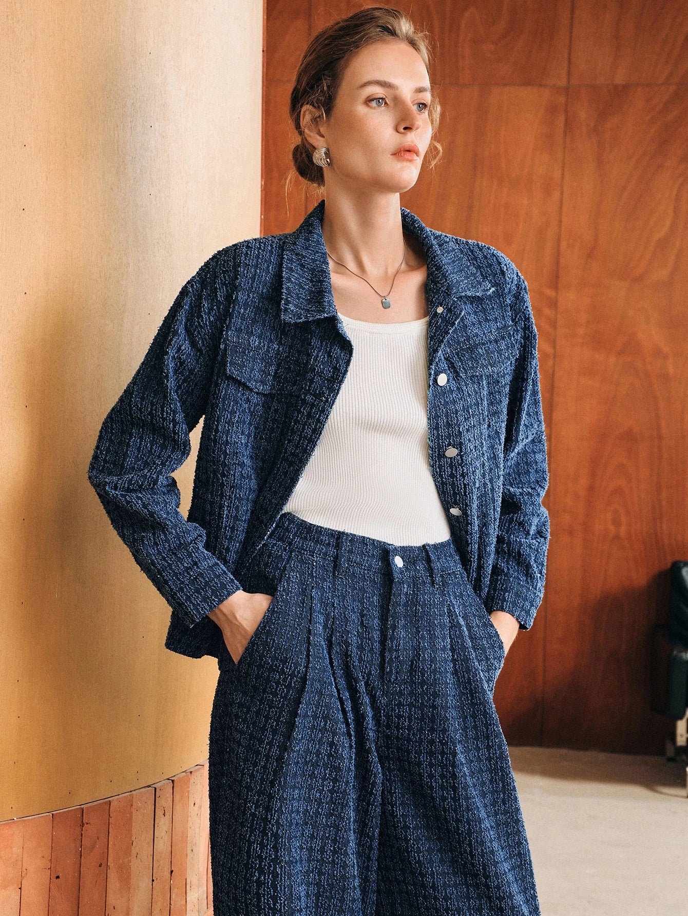 CM-CS340330 Women Elegant Seoul Style Collar Neckline Long Sleeve Single-Breasted Loose Denim Jacket - Navy Blue
